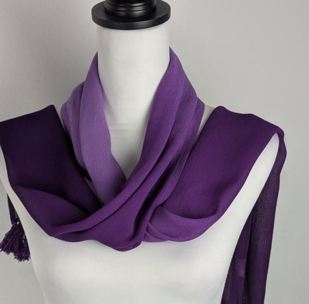 Vtg Pegasus Hand Dyed Silk Crepe Scarf Ombré Purple Tassels Fiber Art 68x11 EUC